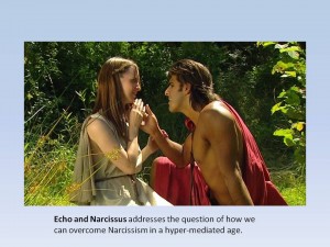 A still from the film showing the visual influence of Waterhouse, but also illustrating the theme of Narcissism.