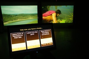 Choice screen with action on screens behind